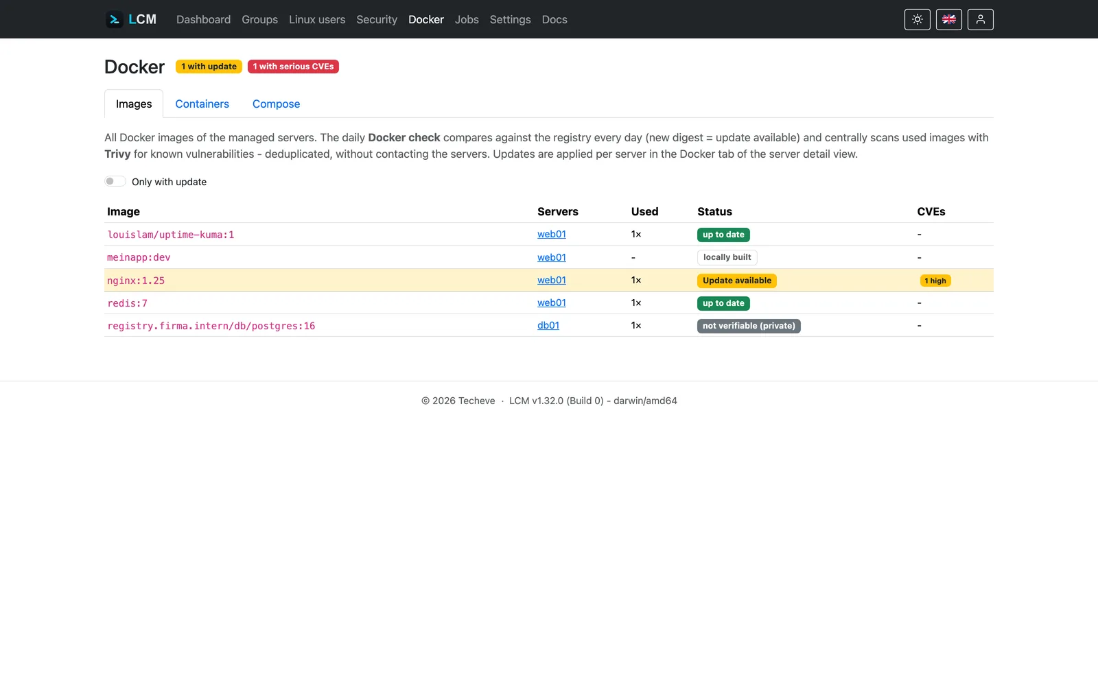 Docker-Übersicht mit Containern und Image-Updates