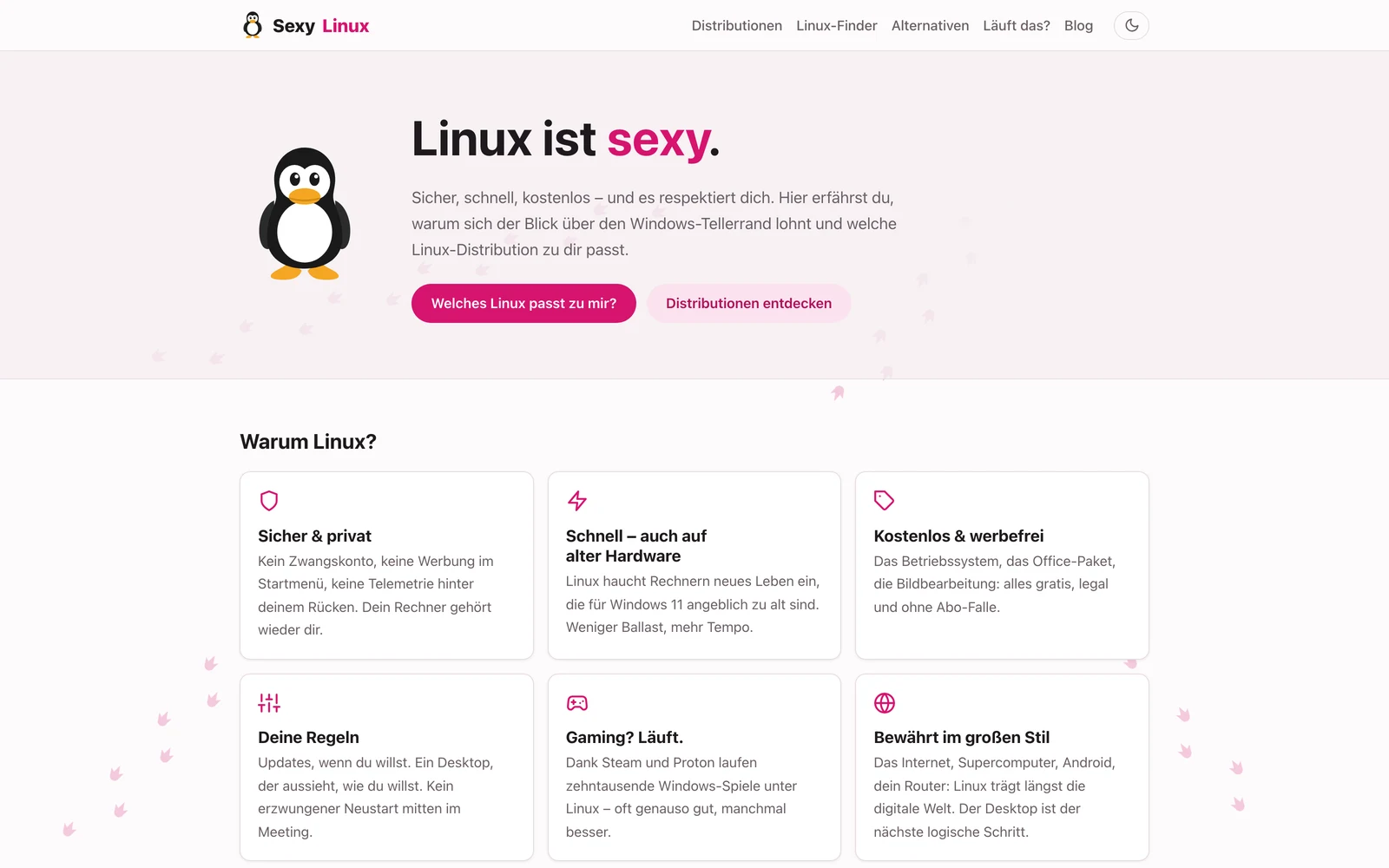 Home page of sexy-linux.org with the penguin mascot and the headline „Linux ist sexy”